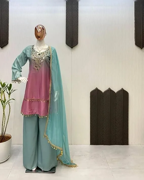 Multicolored Mirror Work Kurti Set with Dupatta