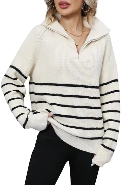 Trendy Off-White Striped Knit Sweater with Zip Collar – Casual Winter Wear for Women