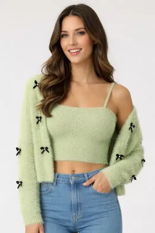 Light Green Fuzzy Knit Crop Top with Matching Shrug