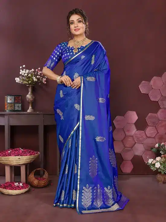 Elegant Royal Blue Silk Saree with Gold Zari Motifs & Border