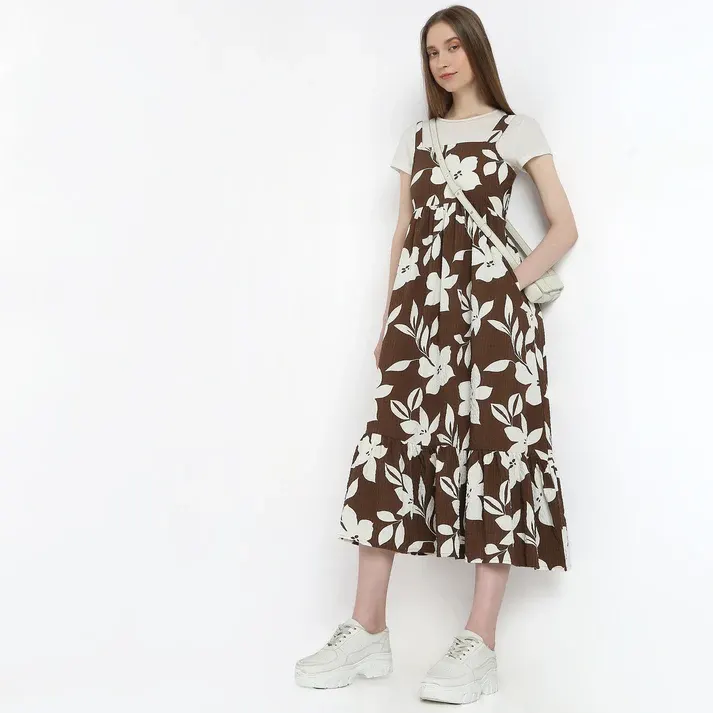 Women’s Brown Floral Midi Dress with Layered Design