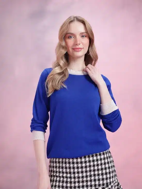 Elegant Royal Blue Knit Top with Contrast Neck & Cuff