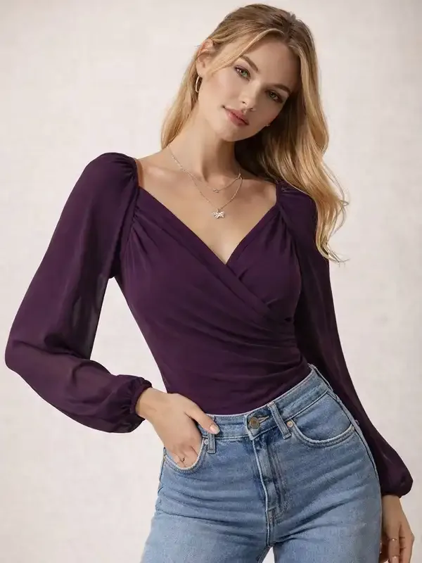 Elegant Plum Wrap Style Top with Sheer Sleeves
