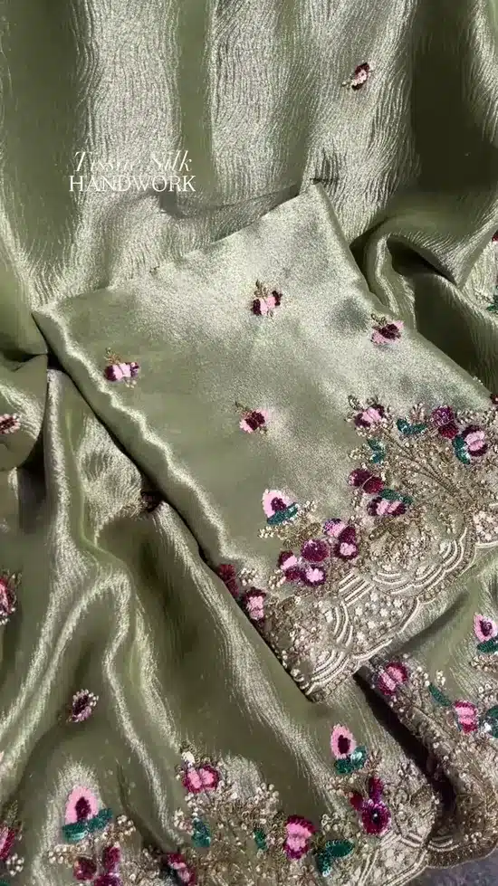Premium Olive Green Tussar Silk Saree with Handwork Floral Embroidery & Designer Border