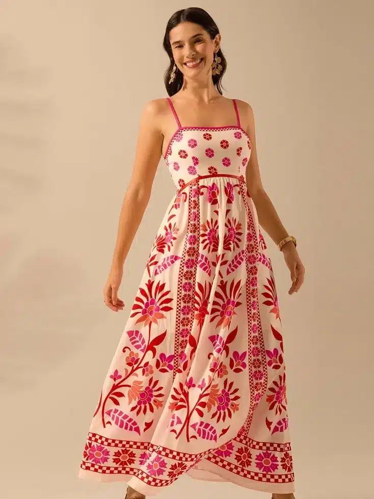 Women’s Beige & Red Fit and Flare Maxi Dress